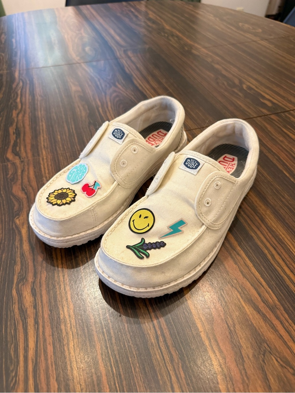 Hey Dude Cream Canvas Slip-On Sneakers with Custom Patches